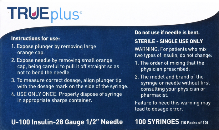 TRUEPLUS SYRINGE 1/2" 28GX0.5CC 100CT