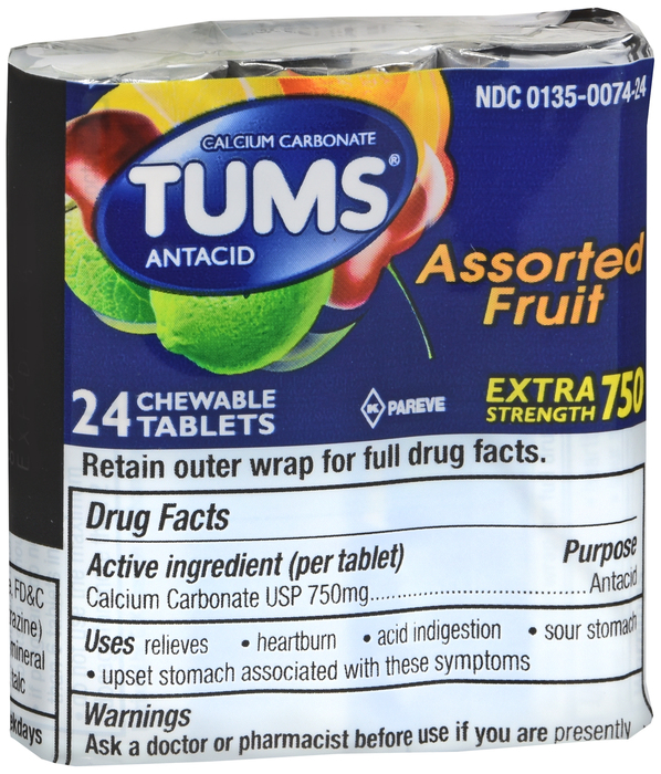 Tums Extra Strength Tablets Roll Assorted Fruit 12x3x8ct