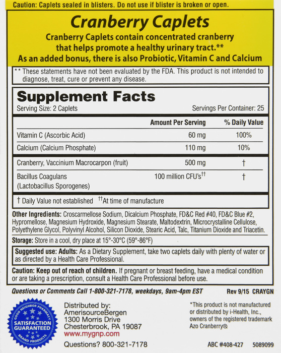 Good Neighbor Pharmacy Cranberry Supplement with Probiotic, Vitamin C & Calcium Caplets 50ct