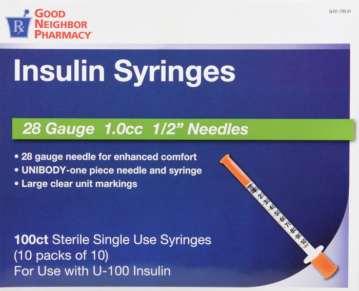 Good Neighbor Pharmacy Insulin Syringes 28Gx1/2" 1cc 100ct