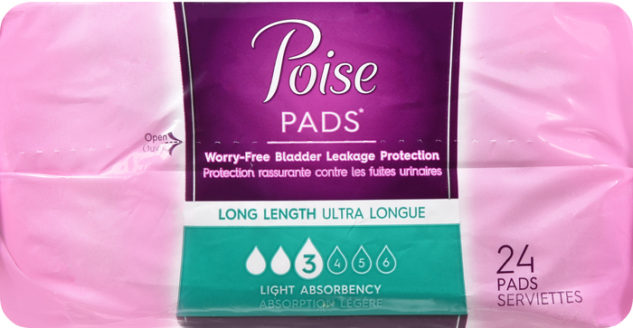 Poise Long Length Light Absorbency Female Incontinent Pad 24ct