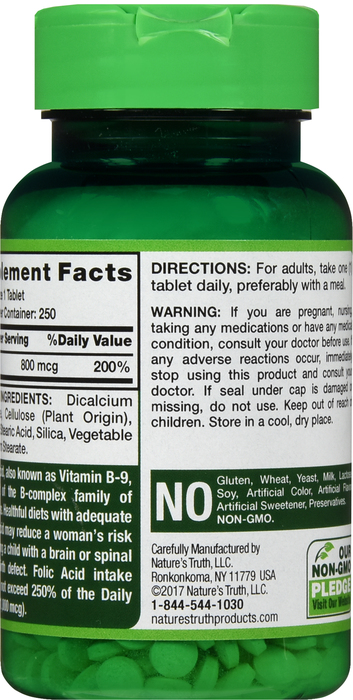 FOLIC ACID 800MCG TABLET 250CT NAT TRUTH