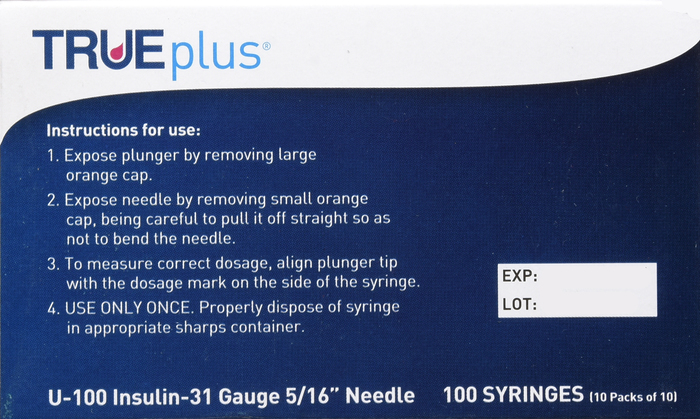 TRUEPLUS SYRINGE 5/16 INCH 31GX3/10CC 100CT