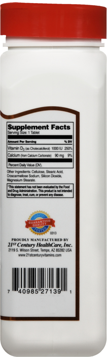 21st Century Vitamin D3+Calc 25mcg 1000IU Tablets 500ct