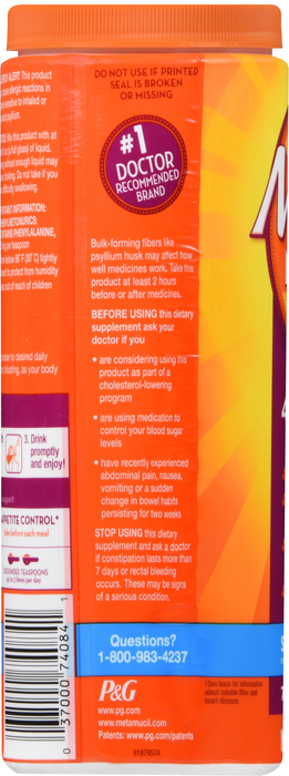 Metamucil Psyllium Sugar-Free Fiber Supplement Orange Powder 15oz