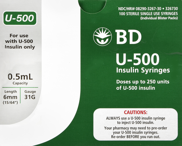 BD U-500 Insulin Syringes 0.5mL 31Gx6mm 100ct