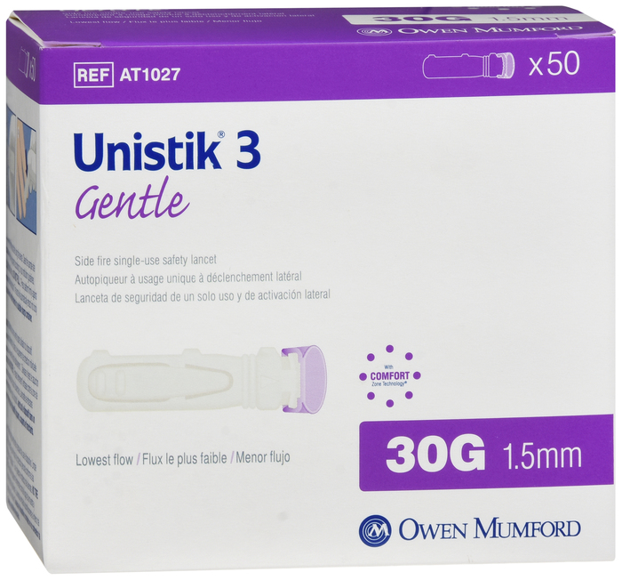 Unistik 3 Gentle Lancets 1.5mmx30g 50ct