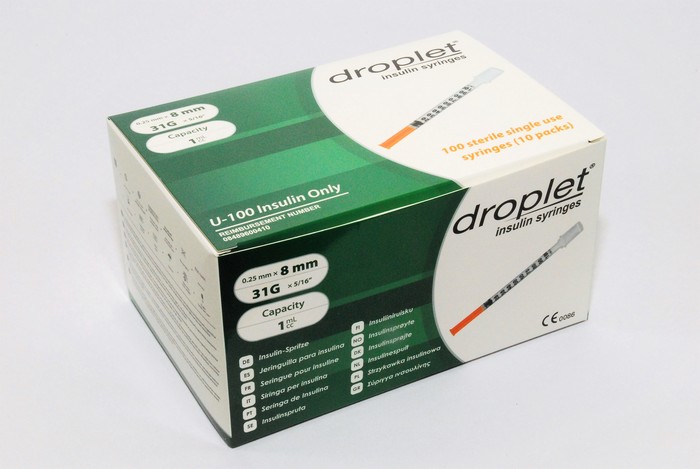 Droplet Insulin Syringe 31Gx8mm 1.0mL 100ct