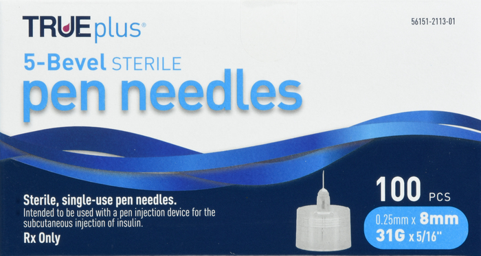 TRUEplus 5-Bevel Pen Needles 31Gx8mm 100ct