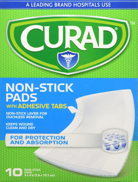 Curad Non-Stick Pads w/Adhesive Tabs 3x4 inch 10ct