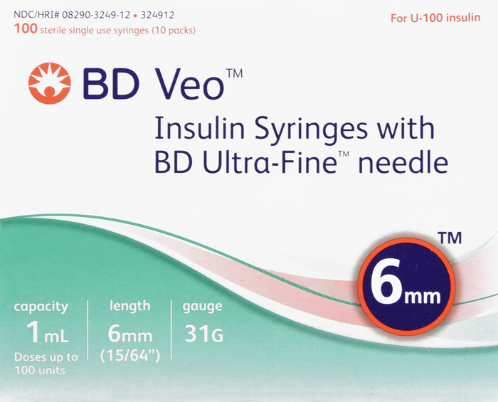 BD Veo Insulin Syringes 1mL 31Gx6mm 100ct