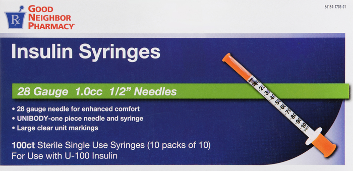 Good Neighbor Pharmacy Insulin Syringes 28Gx1/2" 1cc 100ct