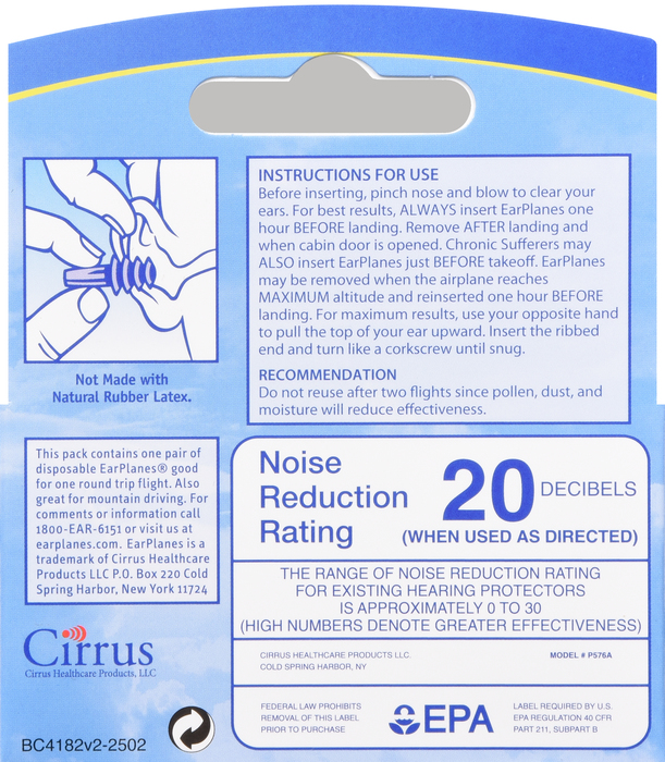 Adult Earplanes Flight Pressure Earplugs 1ct