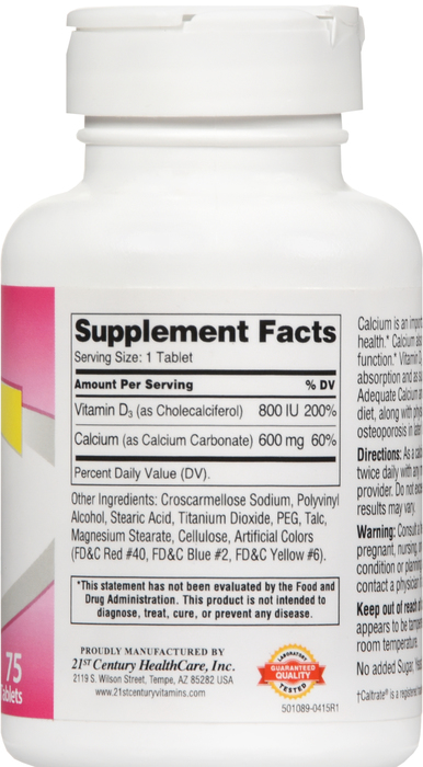 21st Century Calcium 600 + Vitamin D3 Caplets 75ct