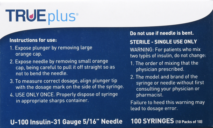 TRUEPLUS SYRINGE 5/16" 31GX1/2CC 100CT