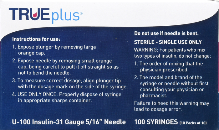 TRUEPLUS SYRINGE 5/16 INCH 31GX3/10CC 100CT