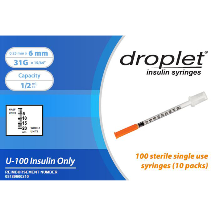 Droplet Insulin Syringe 31Gx6mm 0.5mL 100ct