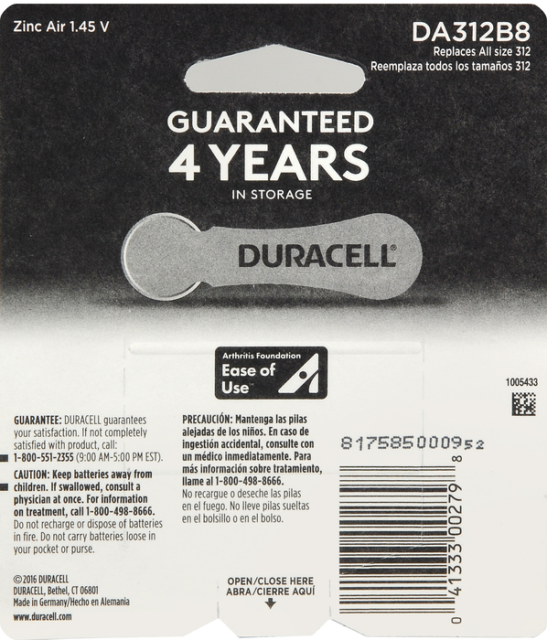 DURACELL HEARING AID DA312 BAT 8PK