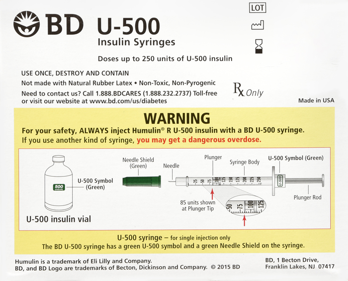 BD U-500 Insulin Syringes 0.5mL 31Gx6mm 100ct