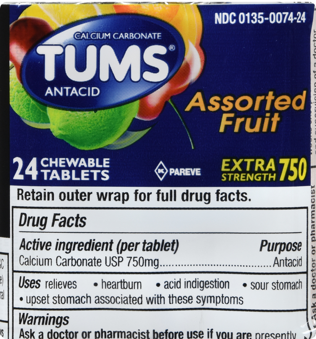 Tums Extra Strength Tablets Roll Assorted Fruit 12x3x8ct