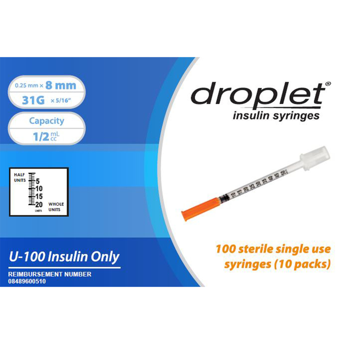 Droplet Insulin Syringe 31Gx8mm 0.5mL 100ct