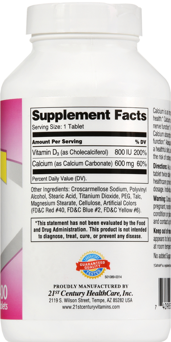 21st Century Calcium 600 + Vitamin D3 Caplets 400ct