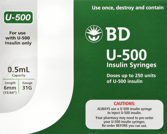 BD U-500 Insulin Syringes 0.5mL 31Gx6mm 100ct