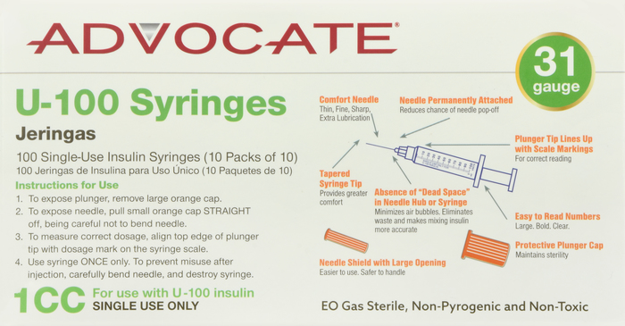 ADVOCATE INSULIN SYRINGE 31G 1CC 100CT