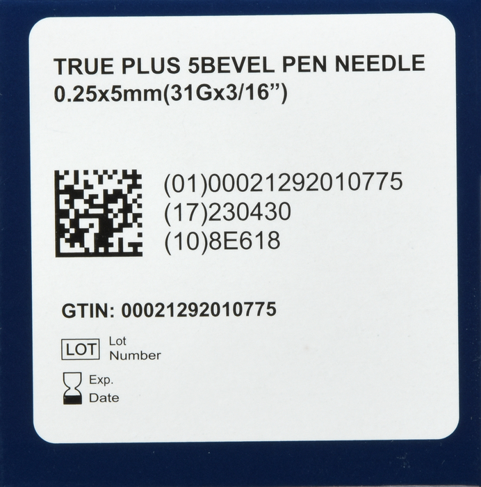 TRUEplus 5-Bevel Pen Needles 31Gx5mm 100ct