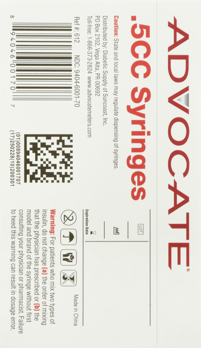 ADVOCATE INSULIN SYRINGE 31G .5CC 100CT