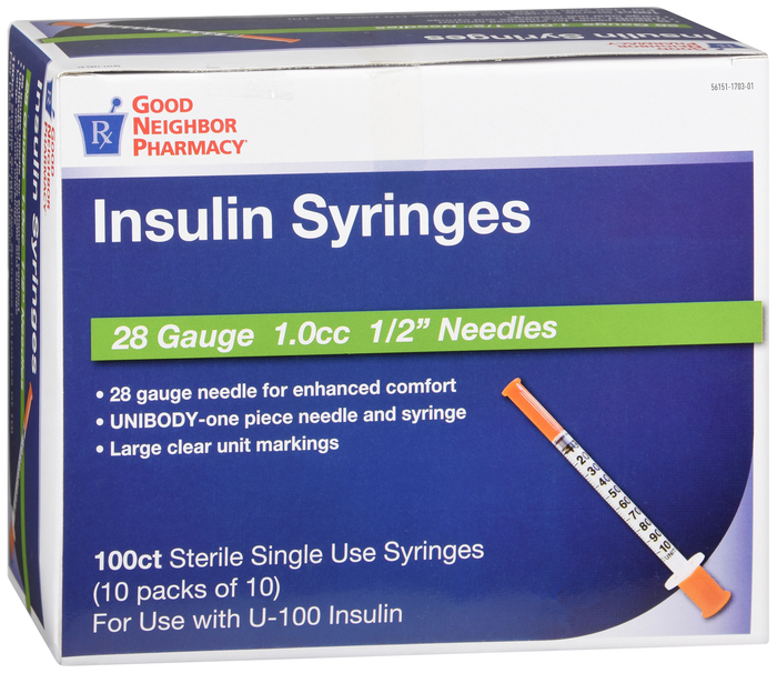 Good Neighbor Pharmacy Insulin Syringes 28Gx1/2" 1cc 100ct