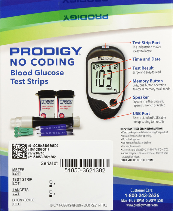 Prodigy Test Strips with Free Meter Retail Pack 100ct