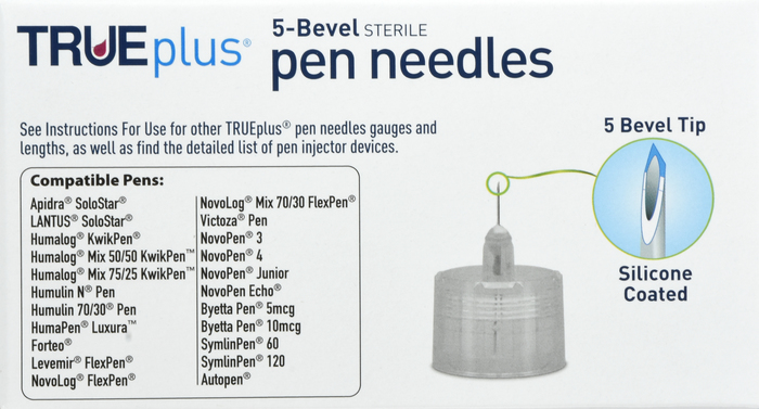 TRUEplus 5-Bevel Pen Needles 31Gx5mm 100ct