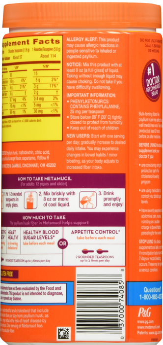 Metamucil Psyllium Sugar-Free Fiber Supplement Orange Powder 23.3oz