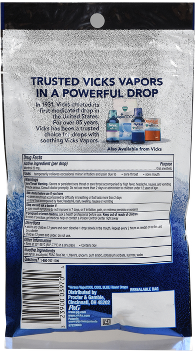 Vicks VapoCOOL Severe Throat Drops Menthol Bag 18ct