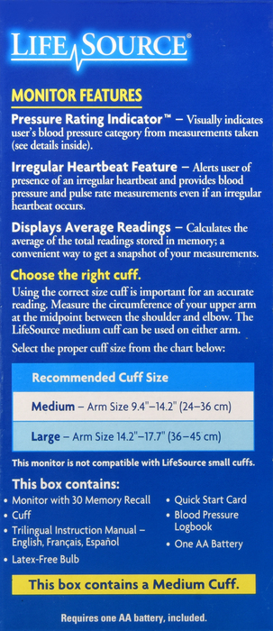 LifeSource Blood Pressure Monitor Advanced Manual Inflate M