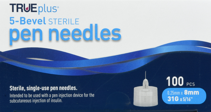 TRUEplus 5-Bevel Pen Needles 31Gx8mm 100ct