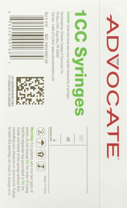 ADVOCATE INSULIN SYRINGE 31G 1CC 100CT