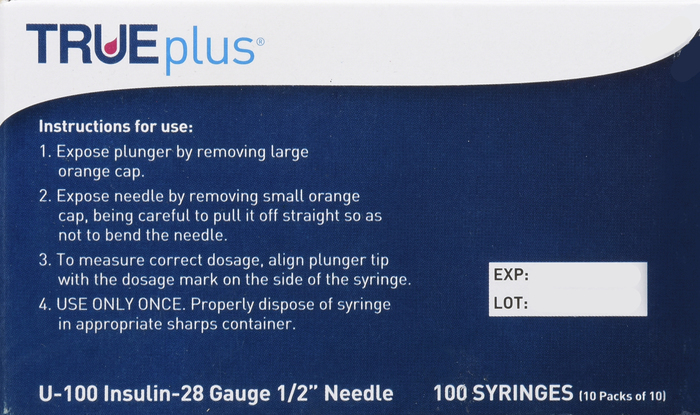 TRUEPLUS SYRINGE 1/2" 28GX0.5CC 100CT