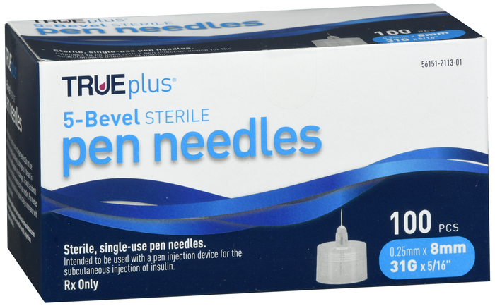 TRUEplus 5-Bevel Pen Needles 31Gx8mm 100ct