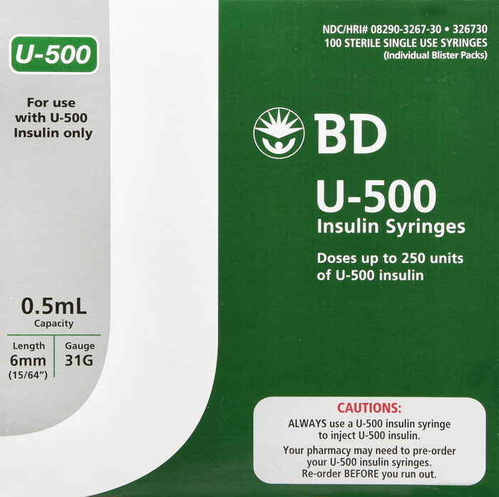 BD U-500 Insulin Syringes 0.5mL 31Gx6mm 100ct