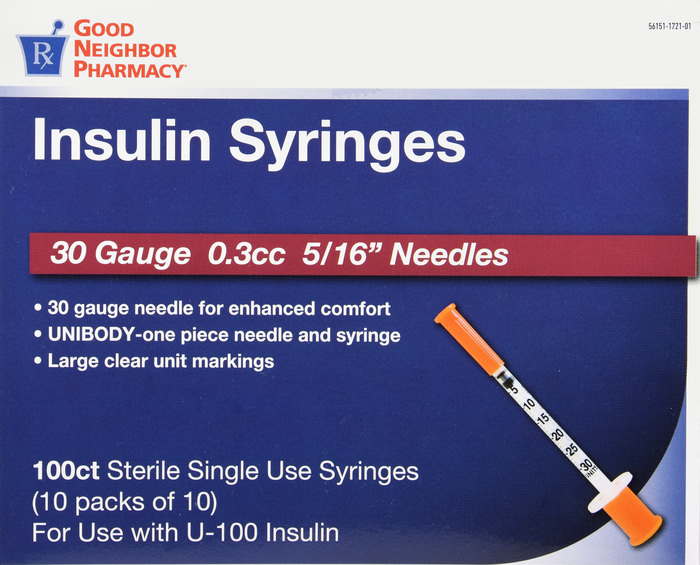 Good Neighbor Pharmacy Insulin Syringes 30Gx5/16" 0.3cc 100ct