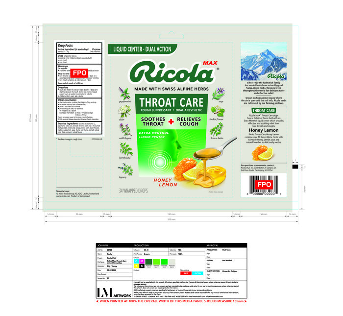 Ricola Bag Max Throat Care Honey Lemon Drops 34ct