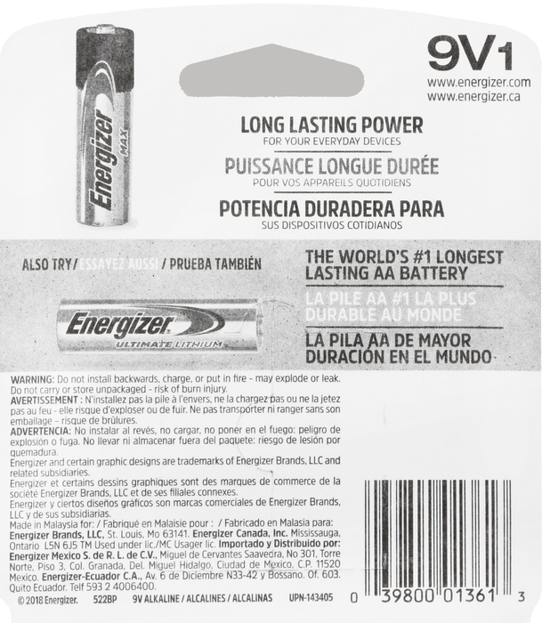 ENERGIZER MAX ALK 9 VOLT 522BP1 SINGLE