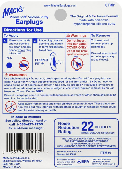 Mack's Earplugs Soft Silicone Putty NRR22 6 pairs