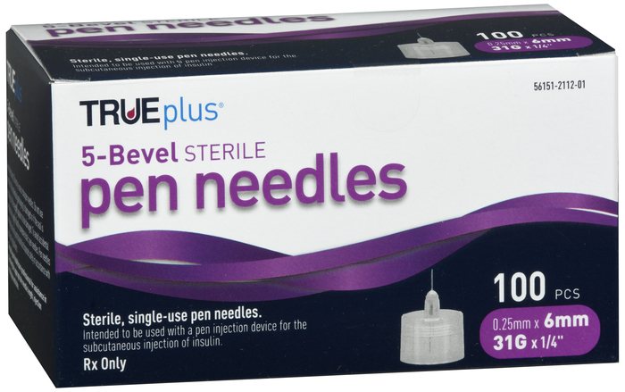 TRUEplus 5-Bevel Pen Needles 31Gx6mm 100ct