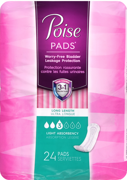 Poise Long Length Light Absorbency Female Incontinent Pad 24ct