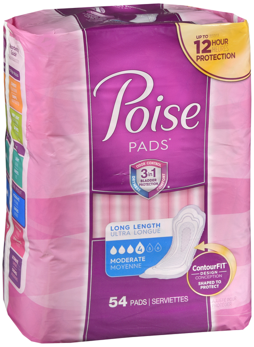 Poise Long Length Moderate Absorbency Pads 54ct