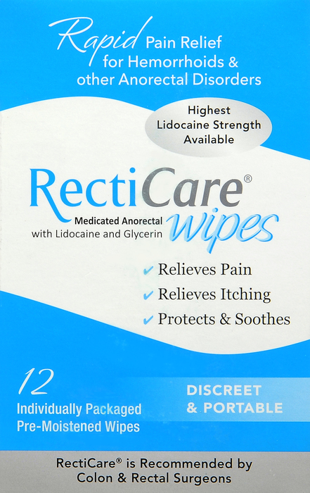 RECTICARE MEDICATED ANORECTAL WIPES 12CT