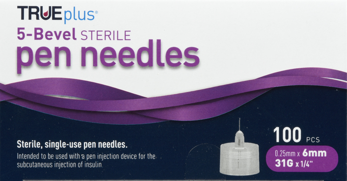 TRUEplus 5-Bevel Pen Needles 31Gx6mm 100ct